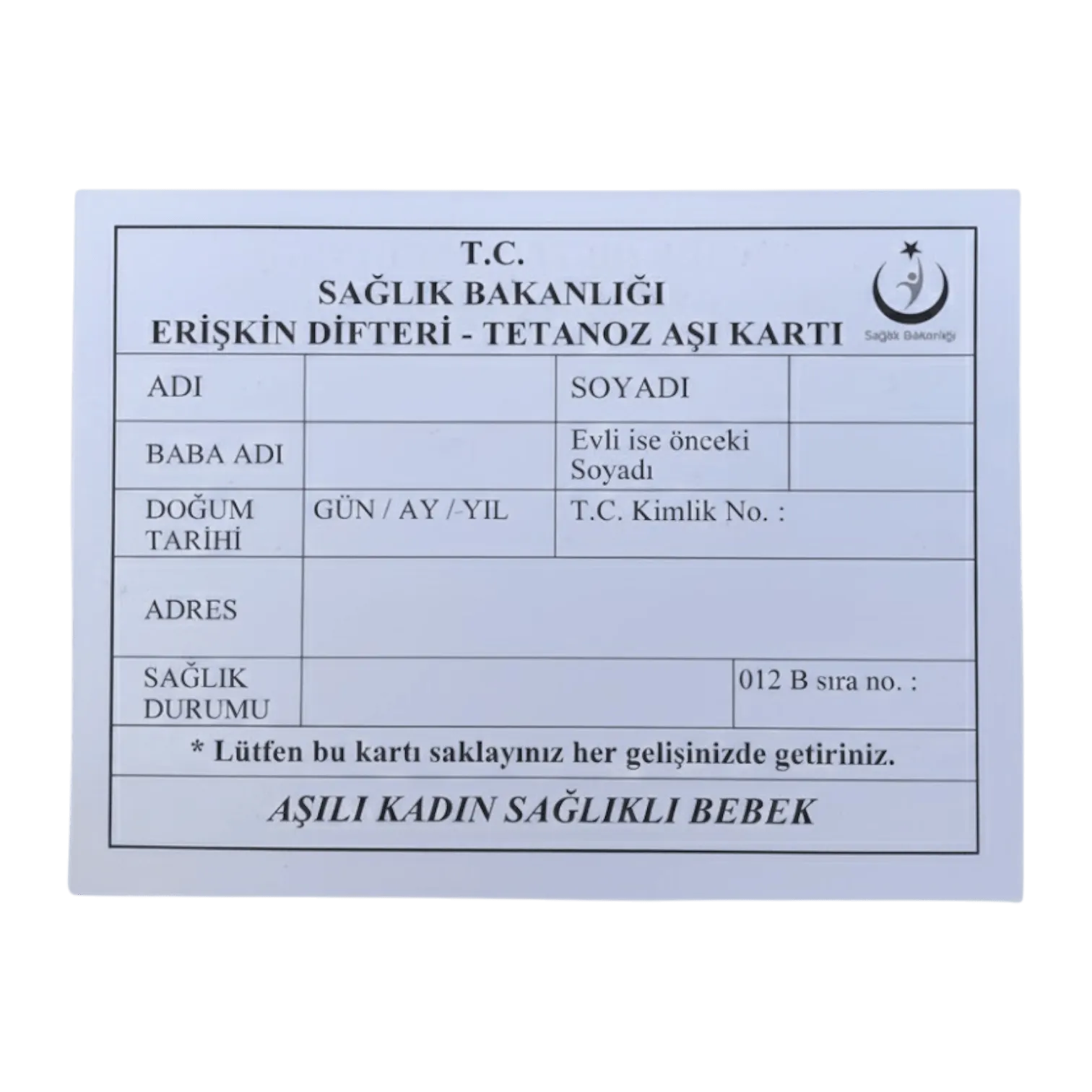 Difteri Tetanoz Aşı Kartı 100'lük