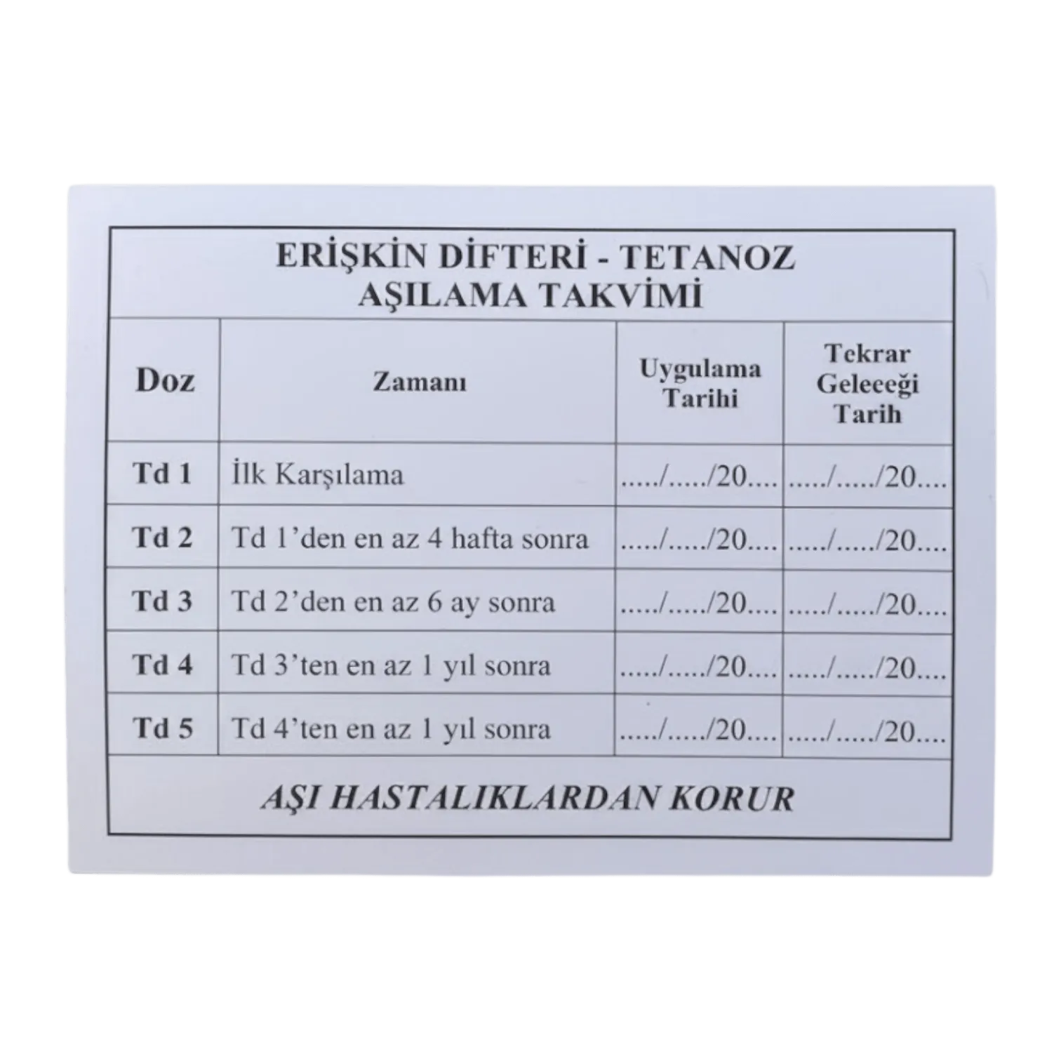 Difteri Tetanoz Aşı Kartı 100'lük