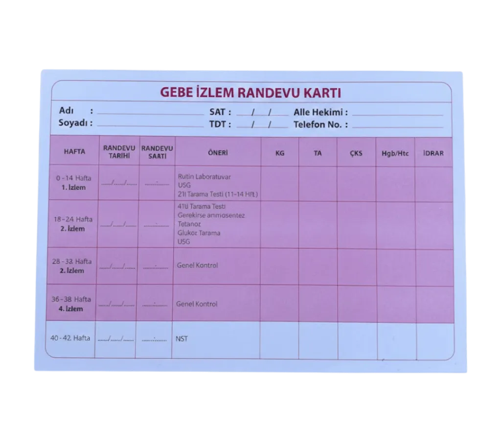 Gebe İzleme Randevu Kartı 100'lük